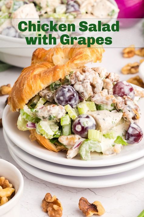 Try this delicious chicken salad with grapes for a refreshing and flavorful meal. Quick and easy to make, it's a perfect option for any occasion. via @cmpollak1 Best Chicken Salad With Grapes, Chicken Salad Walnuts Grapes, Chicken Salad With Walnuts And Grapes, Chicken Salad With Grapes And Pecans, Chicken Salad Grapes, Chicken Salad Recipe With Grapes, Recipe With Grapes, Cajun Pasta Recipes, Broccoli Slaw Salad