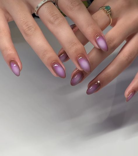 Future Dusk Nails, Mexico Aesthetic Nails, Aura Cat Eye Nails, Aura Nails With Eyeshadow, Lavender Jelly Nails, Acrylic Gel Nail Designs, Purple Tip Nails, Soft Gel Design, Short Aura Nails