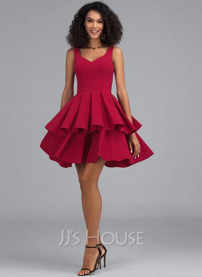 A-Line V-neck Short/Mini Stretch Crepe Homecoming Dress With Cascading Ruffles (022203115) - JJ's House Formal Dinner Dress Classy Simple, Knee Length Party Dresses, Daughter Outfits, Junior Prom, Fun Outfits, Mini Homecoming Dresses, 50th Party, Cascading Ruffles, Two Piece Homecoming Dress