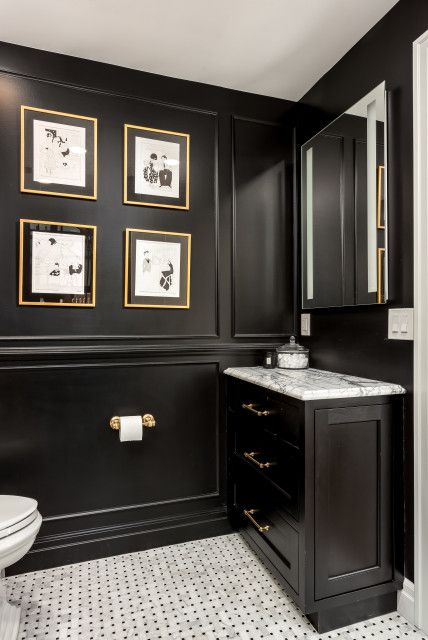 Before and After: 3 Bathroom Remodels With Vintage Vibes Black And White Half Bathroom, Black Half Bathroom, All Black Bathroom, Black Powder Room, Black Wainscoting, Wainscoting Bathroom, Black Vanity Bathroom, Art Deco Bathroom, Black Toilet