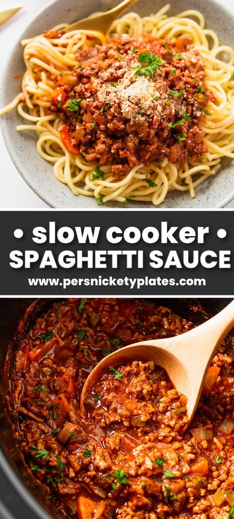 This family favorite slow cooker spaghetti sauce is made with simple ingredients and without the need to watch over a simmering pot. The slow-cooked beef and veggies makes a thick and rich sauce that is perfect over your favorite pasta noodles! Pasta In Slow Cooker, Nanas Recipes, Raw Spaghetti, Slow Cooker Spaghetti Sauce, Best Spaghetti Sauce, Easiest Dinner, Crockpot Spaghetti, Slow Cooker Spaghetti, Sauce Spaghetti