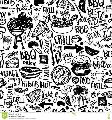 BBQ Barbecue Grill Doodle Seamless Pattern. Colorful BBQ Design With Hand Drawn Lettering For Wrapping, Banners And Stock Vector - Illustration of meal, isolated: 79579589 Bbq Restaurant Design, Brewery Decor, Bbq Design, Grill Sandwich, Small Restaurant Design, Grill Logo, Design Grill, Food Doodles, Grill Door Design