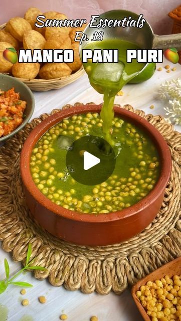 Harshita Choudhary on Instagram: "SUMMER ESSENTIALS  Ep. 18❄️🧊 Mango Pani Puri🥭😋 . Ingredients- 🔺1 Raw Mango/ kacchi kairi  🔺25-30 Mint leaves/ pudina k patte 🔺Handful of Coriander leaves/ dhaniya 🔺4 Green chillies/ hari mirch  🔺1 inch Ginger/ adhrak 🔺Chilled water 🔺1/2tsp Black salt/ kala namak 🔺Regular salt 🔺1/2tsp Roasted cumin powder/ Bhuna hua jeera powder 🔺1/2tsp Black pepper powder/ Kali mirch 🔺1/2tsp Chaat masala 🔺Pinch of asafoetida/ Hing 🔺Boondi 🔺Ice cubes  You’ll need to adjust the quantities of spices according to your taste buds and the quantity you are making.  Alternatively, you can use readymade pani puri masala which is easily available in the market.  . Keep following @yummy_tummy25 for more such recipes. . . {pani puri, gol gappe, street food, pani puri Pani Puri Table Setup, Mango Pani Puri, Pani Puri Stall Decoration Ideas, Pani Puri Pani Recipe, Gol Gappe Recipe, Diwali Punjabi, Food Pani Puri, Gol Gappe, Dahi Puri