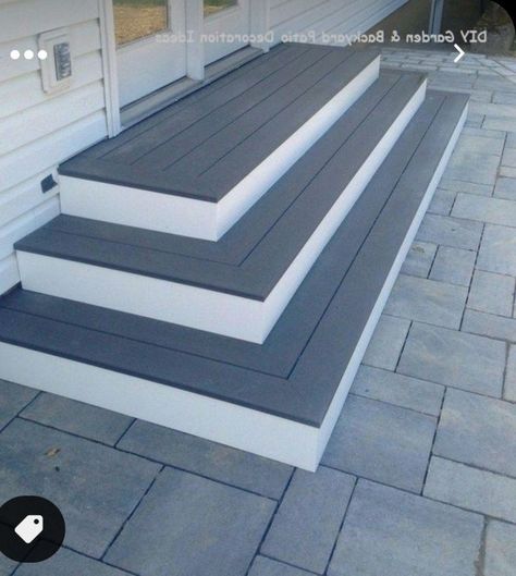 Composite Steps To Patio, Trex Front Porch Steps, Composite Stairs To Patio, Back Door Stairs To Patio, Composite Steps To Concrete Patio, Trex Stairs To Patio, Cement Front Steps Makeover, Diy Front Steps, Small Front Steps Ideas