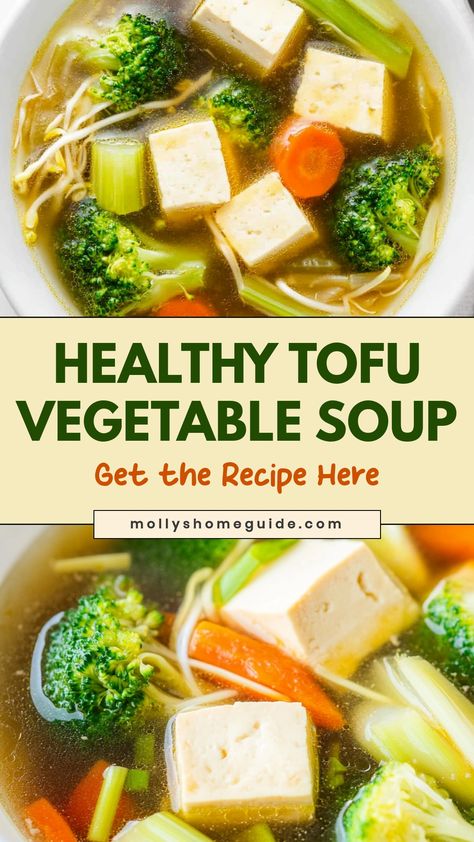 Warm up on a chilly evening with a delicious and nutritious tofu vegetable soup. Packed full of flavor and wholesome ingredients, this soup is perfect for satisfying comfort food cravings while still maintaining a healthy balance. Whether you're vegan, vegetarian, or simply looking to add more plant-based meals to your diet, this tofu vegetable soup is sure to become a favorite in your household. Tofu Broth Soup, Yummy Vegetable Soup, Healthy Soup Vegan, Tofu Mushroom Soup, Soup With Tofu Recipes, Healthy Tofu Soup, Tofu Vegetable Soup, Plant Based Soups And Stews, Tofu In Soup