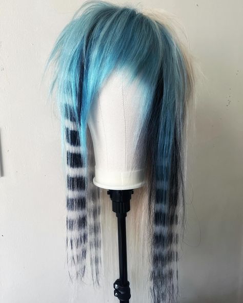 light blue and platinum with black highlights & raccoon tails for @glittery.hell ! so excited to have finally started my lil business ! dm… | Instagram Scene Wigs, Raccoon Tail Hair, Scene Wig, Wig Shop, Emo Scene Hair, Emo Style, Black Highlights, Scene Outfits, Zombie Girl