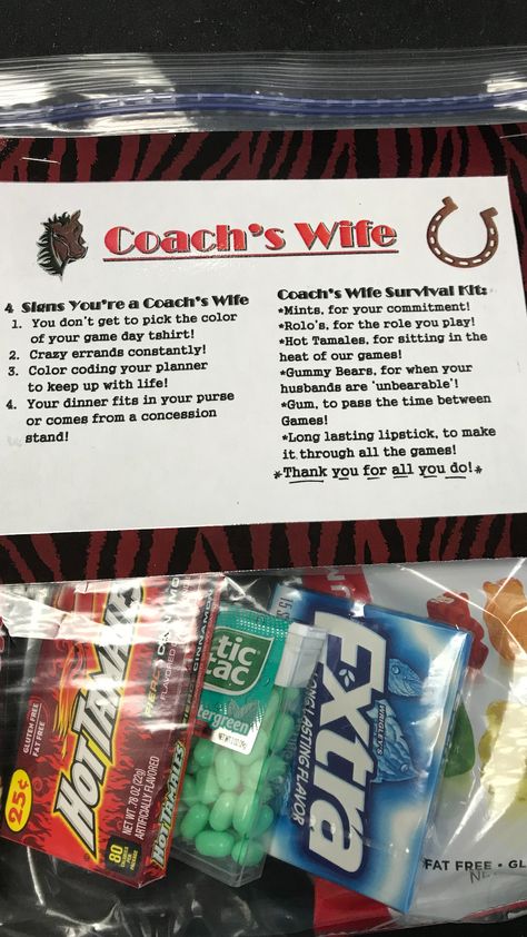 Coach’s Wife Survival Kit Coaches Survival Kit Gift Ideas, Coach Cricut Gifts, Rugby Coach Gift Ideas, Lacrosse Coach Gifts Ideas, Coach Survival Kit Gift Ideas, Softball Coaches Gifts, Football Coach Gift Ideas Diy, Team Mom Football Ideas, Coach Gift Basket Ideas