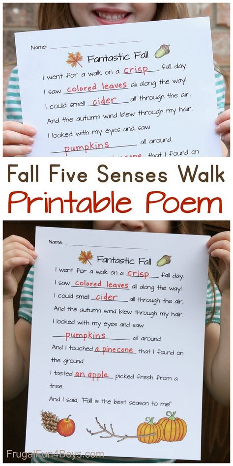 Fall Five Senses Walk Fill-in-the-Blanks Poem - Lovely fall activity for preschool and early elementary school. The poem rhymes no matter what you fill in! #fall #autumn #preschool #kindergarten #firstgrade Autumn Poems, Fall Lesson Plans, Childrens Poems, Fall Writing, Fall Lessons, Five Senses, Homeschool Learning, Preschool Curriculum, Teaching Preschool