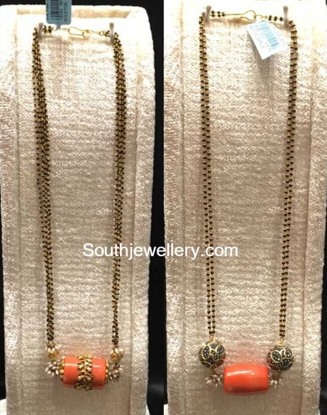 Black Beads Mangalsutra Chains with Coral Bead Pendants Fashion Design Basics, Black Beats, Coral Jewelry Set, Mangalsutra Chain, Ikkat Dresses, Black Beads Mangalsutra, Black Beads Mangalsutra Design, Jewelry Designing, Gold Mangalsutra Designs