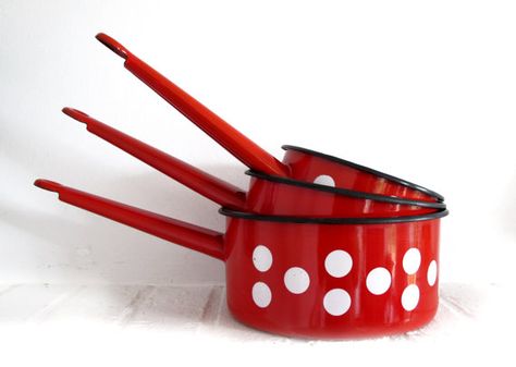 Red Kitchen Utensils, Red Kitchen Accessories, Polka Dot Dishes, 10 Percent Off, Red And White Enamelware, Enamel Pan, Red And White Kitchen, Red Enamel Mug, Enamel Ware