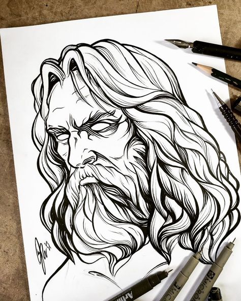 Old Man With Beard, Beard Drawing, Man With Beard, Zeus Tattoo, Z Tattoo, Tattoo Stencil Outline, Artist Logo, Graffiti Characters, Art Tools Drawing