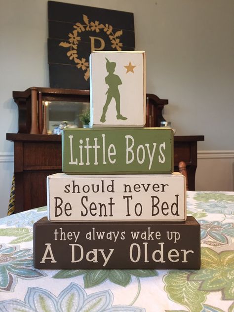 Peter pan nursery decor little boys neverland playroom disney nursery stacking wood blocks distressed home decor painted wood blocks Neverland Nursery, Nursery Ideas Boy, Stacking Wood, Peter Pan Nursery, Christmas Tree Hoodie, Casa Disney, Baby Boy Quotes, Disney Rooms, Disney Nursery