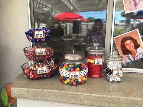 60th Birthday Party idea. Candy jars. Suprise Birthday, Birthday Party Idea, 32 Birthday, Birthday Candy, Birthday Party Food, 60th Birthday Party, Candy Table, Candy Jars, 60th Birthday