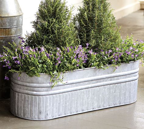 Eclectic Galvanized Metal Planters Galvanized Tub Planter, Galvanized Garden, Diy Wooden Planters, Galvanized Planters, Galvanized Tub, Bucket Gardening, Metal Tub, Metal Planter Boxes, Trough Planters