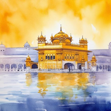 Golden Temple Watercolor Painting, Temple Acrylic Painting, Temple Watercolor, Wedding Backgrounds, Temple India, Decoupage Glass, Golden Temple, Wedding Background, Urban Sketching