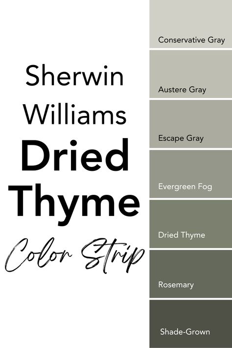 Dried Thyme, SW 6186, is one of Sherwin Williams hottest green colors right now. It is a great color on cabinets and home exteriors, and is an amazing accent wall shade in living rooms, bedrooms, and bathrooms. Sherwin Williams Shades Of Green, Sw 6186 Dried Thyme, Valspar Green Cabinets, Green Bathroom Cabinet Colors, Wherein Williams Dried Thyme, Sw Meadow Sage, Sw Dried Thyme Bathroom, She Twin Williams Dried Thyme, Dried Thyme Sherwin Williams Bathroom