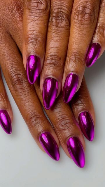 Metallic Fushia Nails, Magenta Metallic Nails, Magenta Valentine Nails, Magenta Jelly Nails, Almond Nails Magenta, Purple Magenta Nails, Fuschia Chrome Nails, Viva Magenta Nails, Fuscia Nails Design