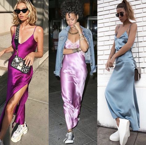 Purple Silk Dress Outfit, Satin Dress Sneakers Outfit, Satin Dress With Sneakers Outfit, Silk Dress With Sneakers, Satin Dress With Sneakers, Slip Dress Street Style, Satin Dress Outfit, Silk Dresses Outfit, Satin Outfit