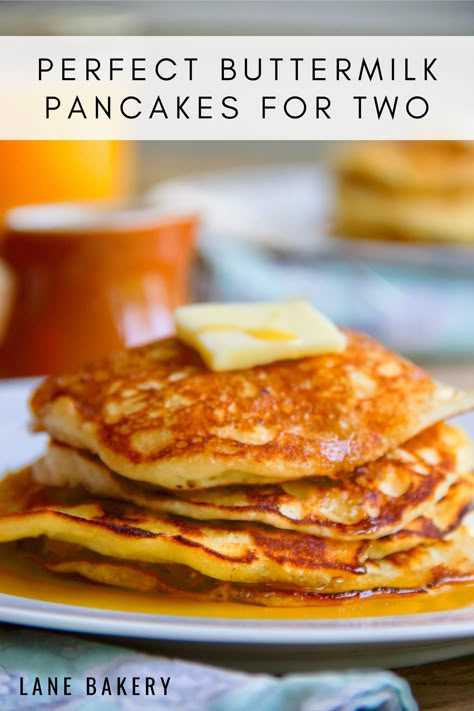 Perfect Buttermilk Pancakes for Two - Lane Bakery Heavy Cream Pancakes, 2 Pancake Recipe, Buttermilk Pancake Recipe Easy, Buttermilk Dinner Recipes, Waffle Recipe Easy Small Batch, Moist Pancakes Recipes, Pancakes For One Recipe, How To Make Buttermilk Pancakes, Homemade Pancake Mix Recipe Small Batch