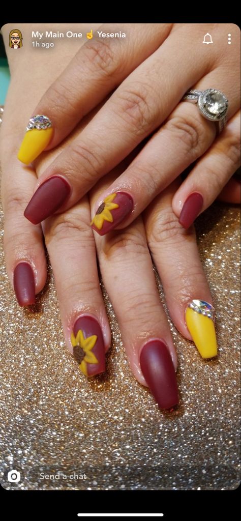 Yellow And Maroon Nails, Maroon And Sunflower Nails, Yellow And Burgundy Nails, Maroon Sunflower Nails, Red Sunflower Nails, Maroon And Yellow Wedding, Graduate Nails, Fall Sunflower Nails, Moms Nails