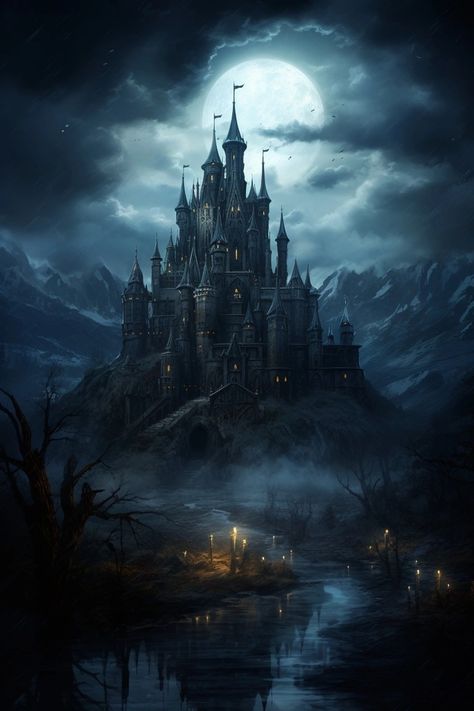 Night Castle Aesthetic, Dark Disney Castle, Dark Fantasy Castle Interior, Dark Palace Aesthetic, Haunted Castle Aesthetic, Obsidian Castle, Gravestone Aesthetic, Dark Kingdom Aesthetic, Villain Castle