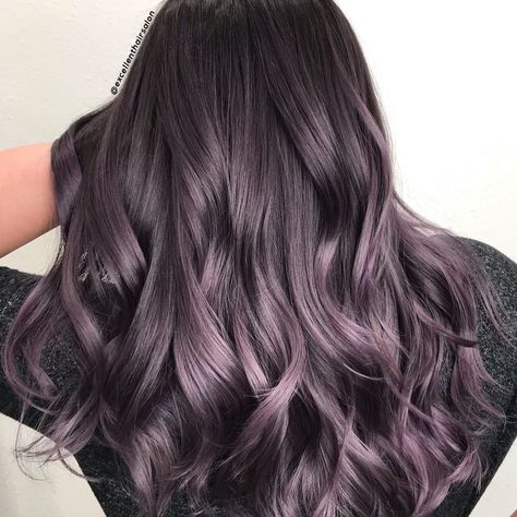 Excellent Hair Salon Of Newark on Instagram: “Smokey Lavender. Used all @guy_tang @guytang_mydentity. Lifted with #Magnum8. Pretone Xpress toner Titanium. Tone with SS and DL and Ultra…” Dark Mauve Hair Color, Lavender Highlights Dark Hair, Dusty Mauve Hair Color, Smokey Lavender Hair, Lavender Brown Hair, Smokey Purple Hair, Purple Tinted Hair, Toner For Brown Hair, Purple Gray Hair