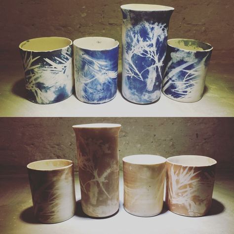 The process - cyanotype printing on ceramics- before and after firing Cyanotype On Ceramic, Cyanotype Ceramic, Cyanotype Printing, Cyanotype Art, Coil Pots, Alternative Photography, Ceramic Texture, Ceramic Bottle, Pottery Techniques