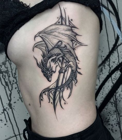 Dragon Ribcage Tattoo, Dnd Dragon Tattoo, Tattoo Of Dragon, Dragon Rib Tattoo, Elegant Dragon Tattoo, Forearm Band Tattoo, Dragon Thigh Tattoo, Dragon Tattoo Arm, Dragon Tattoo Meaning