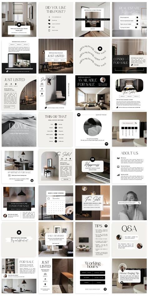 Instagram Feed Ideas Real Estate, Instagram Real Estate Template, Instagram Feeds For Business, Real Estate Post Instagram, Real Estate Instagram Feed Design, Instagram Quotes Posts Design, Architecture Instagram Feed Layout, Real Estate Story Template, What To Post In Instagram Stories