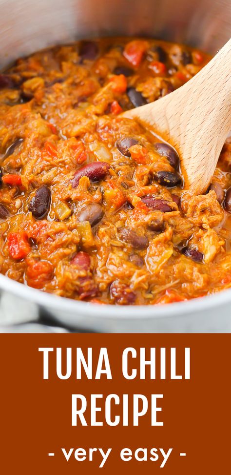 This tuna chili recipe is very easy to make using ingredients you most likely have in your pantry. Made with tuna fish and beans, it's perfect for a healthy dinner or lunch. This homemade chili is high in protein, very filling, hearty, and delicious! #chili #recipe #tuna Tuna Stew Recipe, Tuna And Beans, Tuna And Beans Recipe, Tuna Soup Recipes, Fish Chili Recipe, Tuna Chili, Seafood Chili Recipe, Tuna Stew, Tuna Ideas