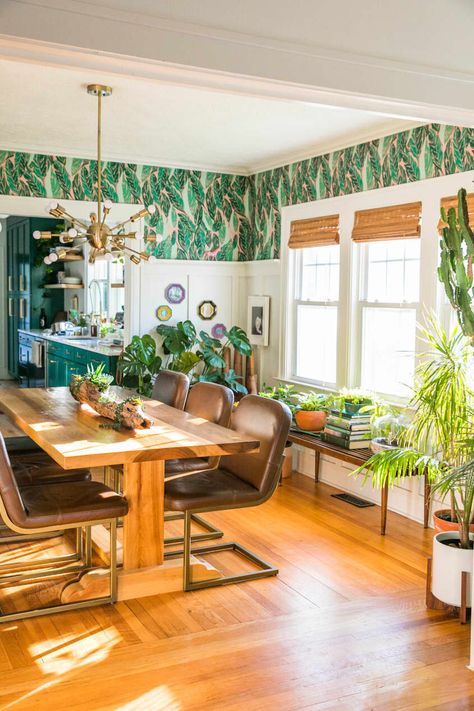 Jessica Brigham, Bohemian Apartment, Bungalow Interior, Bohemian Glam, Green Kitchen Cabinets, Dining And Living Room, Bohemian Colors, Craftsman Bungalows, Chair Rail