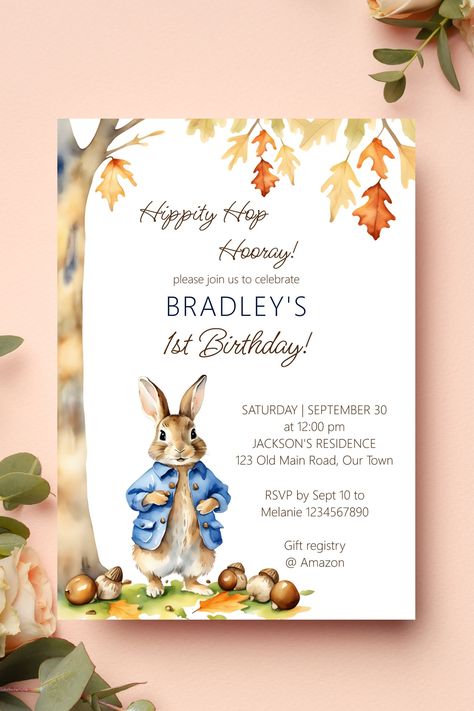 Peter rabbit birthday party template invitation digital download fall themed boys birthday template Fall Peter Rabbit Party, Rabbit Birthday Theme, Peter Rabbit Invitations, Fall Themed Birthday Party, Fall Themed Birthday, Snacks Design, Peter Rabbit Birthday Party, Rabbit Birthday Party, Birthday Party Template