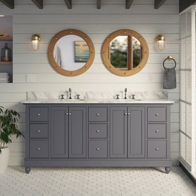 Carrara Marble Countertop, Ceramic Sinks, Blue Cabinets, Double Sink Bathroom, Marble Countertop, Double Bathroom, Double Sink Bathroom Vanity, Double Bathroom Vanity, Grey Cabinets