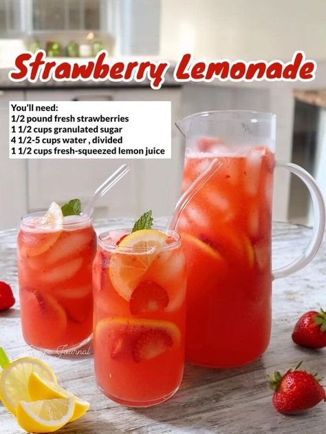 Fresh Strawberry Lemonade, Lemon Juice Recipes, Strawberry Lemonade Recipe, Cold Starbucks Drinks, Squeezed Lemon, Drink Recipes Nonalcoholic, Lemonade Recipe, Fancy Drinks, Alkaline Foods