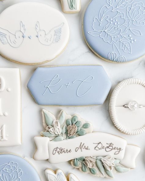 Light Blue Cookies, Bridal Shower Cookies Simple, Something Blue Shower Cookies, Wedding Cookies Simple, Blue Engagement Cookies, Wedding Cookies Dusty Blue, All White Bridal Shower Cookies, Blue Bridal Shower Cookies, Blue And White Bridal Shower Cookies