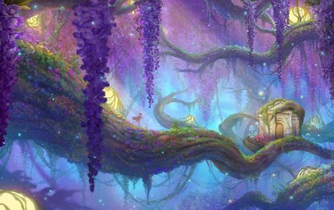 Wisteria Fantasy Art, Wisteria Character Design, Wisteria Tree Drawing, Wisteria Landscape, Wisteria Tree Painting, Wisteria Illustration, Wisteria Canopy, Wisteria Tree, Random Character