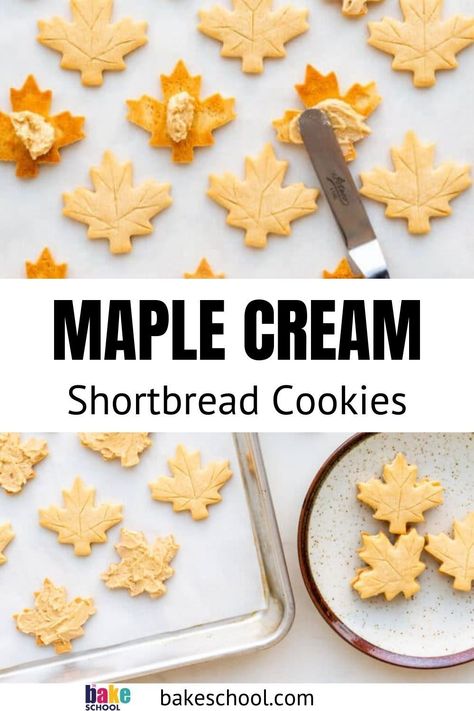 Learn how to make maple cream cookies shaped like maple leaves. These maple shortbread cookies are sandwiched with a maple butter filling. If you love maple you'll love these cookies! Maple Sugar Cookies Recipe, Maple Sandwich Cookies Recipe, Maple Cream Cookies, Maple Cookies Recipe, Maple Leaf Cookies, Maple Cookies, Cookie Sandwich Recipes, Maple Butter, Leaf Cookies