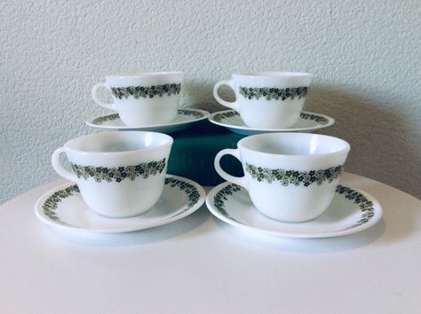 Set of 4 Vintage Pyrex Spring Blossom Mugs and Saucers, Crazy Daisy Green Flowers Retro Coffee Tea Cup with Saucer Dinnerware Drinkware Farm #etsy #housewares #white #bridalshower #christmas #yes #green #glass #flowers #springblossom #flowerpower #crazydaisy Blue Luggage Sets, Pyrex Spring Blossom, Glass Kitchen Canisters, Iron Rose, Kitchen Glass, Crazy Daisy, Retro Coffee, Cooking Gadgets, Glass Kitchen