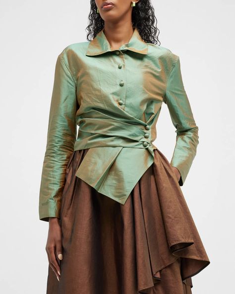 Discover great products at the best prices at Dealmoon. Tory Burch Iridescent Taffeta Button-Down Wrap Shirt. Price:$502.00 at Neiman Marcus Fancy Dress Ideas, Bakra Eid, Nice Fashion, Fashion Designing, Satin Long Sleeve, Taffeta Dress, Unique Blouse, Wrap Shirt, Fancy Blouses