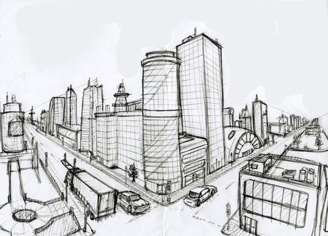 Two Point Perspective City, 2 Point Perspective City, 2 Point Perspective Drawing, Drawing Perspective, 2 Point Perspective, 1 Point Perspective, Cityscape Drawing, Perspective Drawing Architecture, Perspective Drawing Lessons