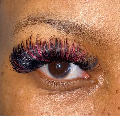 Volume Lashes With Pink, Black And Pink Lash Extensions, Peekaboo Lash Extensions, Pink And Black Lashes, Red And Black Lashes, Lash Extensions With Pink, Pink Lash Extensions, Black Lash Extensions, Lash Extension Ideas