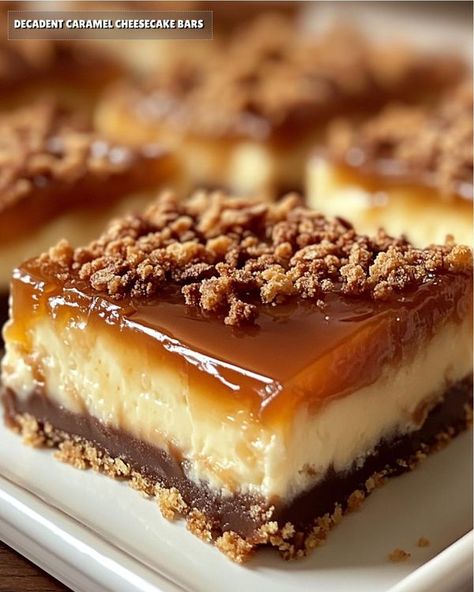 Recipes Lovers with Olivia | Decadent Caramel Cheesecake Bars | Facebook Cheesecake Shortbread Bars, Caramel Cheesecake Bars, Fat Food, Chocolate Pie Recipes, Shortbread Bars, Krispy Treats, Caramel Cheesecake, Chocolate Pie, Sweet Recipes Desserts