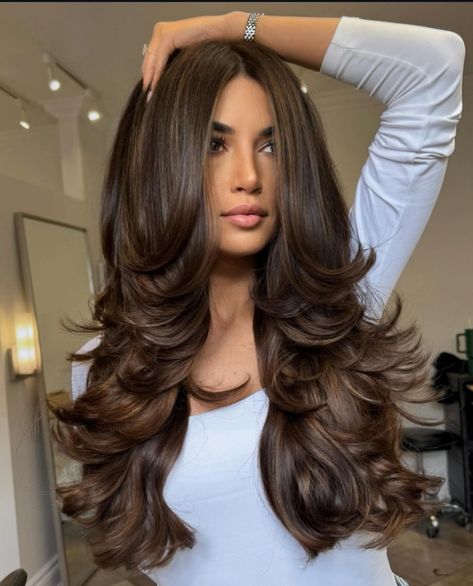 Long Layered Hair Lots Of Layers, A Lot Of Face Framing Layers, Haïr Cut For Women Long Hair, Long Haircut With Volume, Cascade Haircut Long Hair, Long Voluminous Hair Layers, Voluminous Layers Long Hair, Very Long Dark Hair, Layers With A Blowout