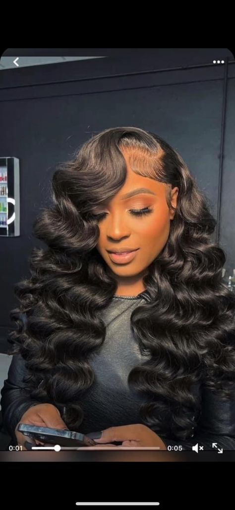 Hollywood Waves On Black Women, Black Bride Hollywood Waves, Hairstyles For Ring Ceremony, Pinned Side Hairstyle, Black Graduation Hairstyles, Red Carpet Hairstyles Black Women, Middle Part Bridal Hair Black Women, Black Brides Hairstyles Weddings, Wedding Hair Hollywood Curls