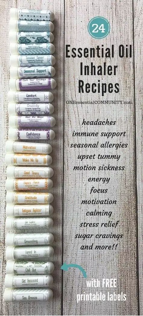 24 Essential Oil Inhaler Recipes {FREE Printable Labels} - One Essential Community Recipes For Allergies, Essential Oil Inhaler, Essential Oil Remedy, Making Essential Oils, Oil Remedies, Diy Kosmetik, Yl Essential Oils, Labels Printables Free, Young Living Oils