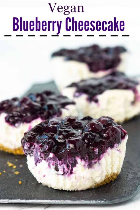 Blueberry cheesecake, especially in mini form, is a favorite dessert of mine. This gluten-free blueberry cheesecake is made with cashews and a vegan cream cheese alternative. #vegan #gluten-free #blueberry #cheesecake Cream Cheese Alternative, Vegan Blueberry Cheesecake, Cheesecake Blueberry, Blueberry Cheesecake Recipe, Cheese Alternative, Cheese Alternatives, Healthy Cheesecake, Vegan Cream, Vegan Blueberry