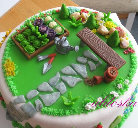 Gardening cake - For all your cake decorating supplies, please visit craftcompany.co.uk Allotment Cake, Vegetable Garden Cake, Garden Theme Cake, Gardening Cake, Bolo Rapunzel, Garden Cakes, Novelty Cakes, Cake Decorating Supplies, Fancy Cakes