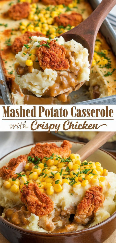 Comfort food at its finest! Mashed Potato Casserole with Crispy Chicken combines creamy mashed potatoes, crispy chicken, and a cheesy topping for a deliciously easy dinner. Mashed Potato Casserole With Chicken, Chicken Recipes With Mashed Potatoes, Chicken Mashed Potato Casserole, Cheap Chicken Breast Recipes, Chicken Over Mashed Potatoes, Chicken And Mashed Potatoes, Potatoes Crispy, Chicken Croquettes, Chicken Mashed Potatoes