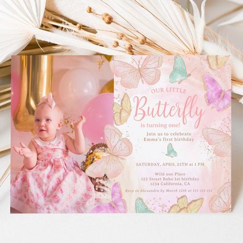 $1.90 | Cute pink a little butterfly chic 1st birthday #pink and purple watercolour, modern and cute illustration, elegant brush script font, boho pampas grass, butterfly kisses, photo 1st birthday party, little butterfly first birthday, watercolor butterflies theme party, gold glitter birthday accents, digital spring summer birthdays Butterflies Theme Party, Papillon Photo, Violet Illustration, Butterflies Theme, Butterfly 1st Birthday, Butterfly Theme Party, Summer Birthday Invitations, Birthday Watercolor, Invitations Pink