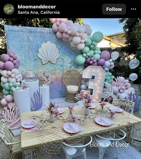 Mermaid Birthday Table Setting, Mermaid Birthday Party Kids Table, Mermaid Party Inspiration, Mermaid Theme Table Set Up, Mermaid Pool Party Ideas Decoration, Muted Mermaid Party, Under The Sea Pastel Party, Elegant Mermaid Party, Mermaid Birthday Aesthetic